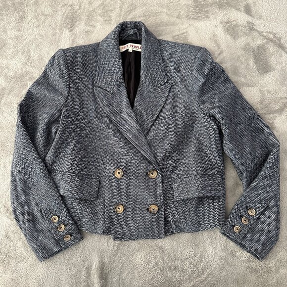 Free People Tailored Heritage Double Breasted Blazer Blue SMALL Herringbone - Picture 1 of 6